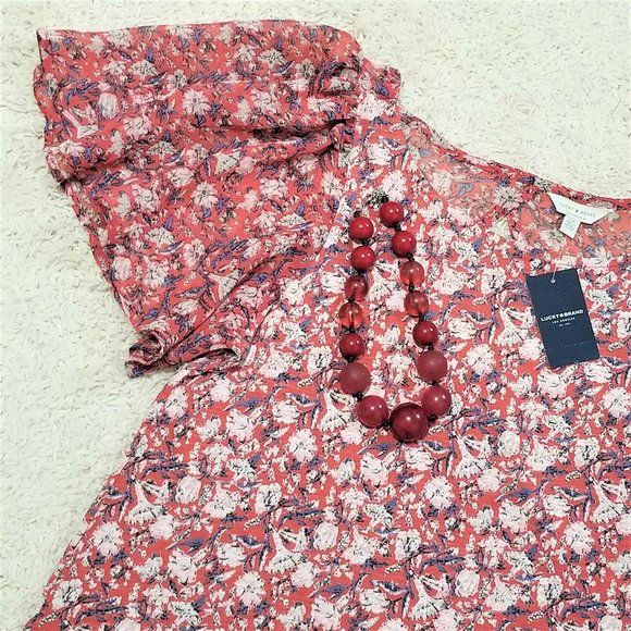 Top, Blouse. Terracotta, Ivory, Blue Floral Print. Lucky Brand. Size S/P. NWT - Picture 8 of 11